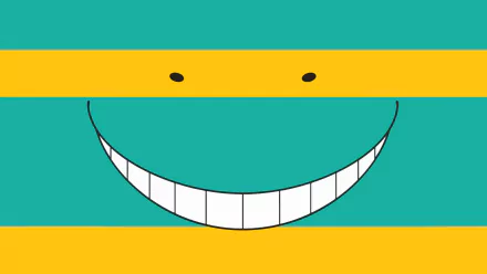 A vibrant HD desktop wallpaper featuring Koro-sensei's iconic smiling face from the anime Assassination Classroom, set against a bright turquoise background with yellow stripes.