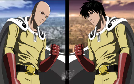 A dynamic HD wallpaper featuring Saitama from One-Punch Man, showcasing both his iconic bald look and a darker-haired version, set against contrasting backgrounds.