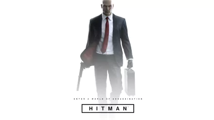 A dramatic HD wallpaper featuring Agent 47 from the video game Hitman (2016), showcasing his iconic look with a briefcase and a sleek suit against a minimalist background.