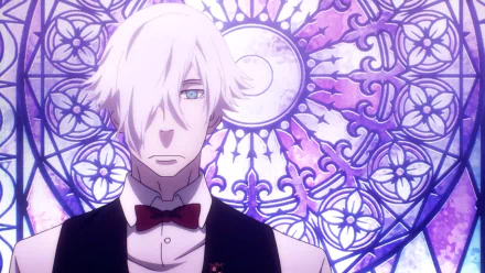 HD wallpaper featuring Decim from Death Parade with white hair against a stained-glass background.