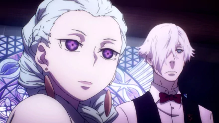 HD wallpaper of Nona with aqua hair and earrings and Decim with white hair from Death Parade, both with distinctive eye colors.