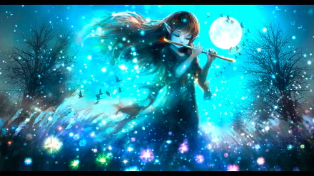 HD fantasy PC desktop wallpaper featuring an elf playing a flute under a glowing full moon surrounded by sparkling lights and a mystical forest at night.