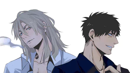 HD wallpaper featuring two animated characters from Gangsta., with one smoking and the other smirking, set against a white background.