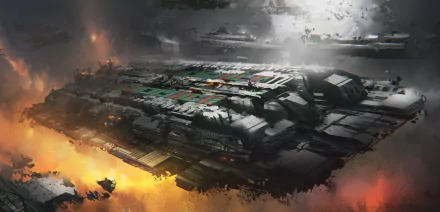 HD PC desktop wallpaper featuring a sci-fi container spaceship navigating through a fiery, futuristic landscape with dark clouds and glowing light.