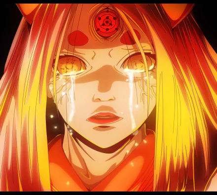 HD desktop wallpaper featuring Kaguya Ōtsutsuki from the anime Naruto. The image captures her intense expression with glowing eyes and a vibrant, fiery color palette.