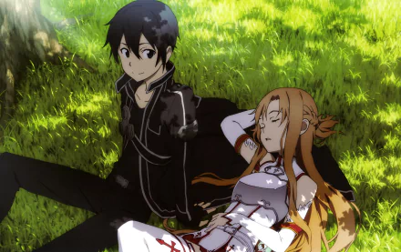 HD wallpaper of Kirito and Asuna Yuuki, characters from Sword Art Online, resting on grass under a tree in a serene, sunlit setting.