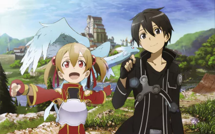 HD wallpaper featuring Pina, Kirito, and Silica from Sword Art Online. The vibrant anime scene showcases their adventurous spirit against a scenic backdrop.