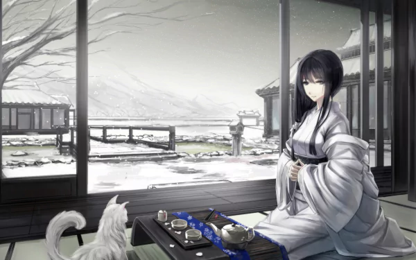 A serene winter scene featuring a girl in a white kimono enjoying tea with her dog. The backdrop showcases a snowy landscape, creating a tranquil, anime-inspired atmosphere.