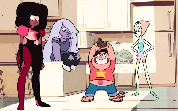 A vibrant HD wallpaper featuring characters from Steven Universe: Garnet, Amethyst, Pearl, and Steven in a kitchen setting, showcasing their playful dynamics and colorful designs.