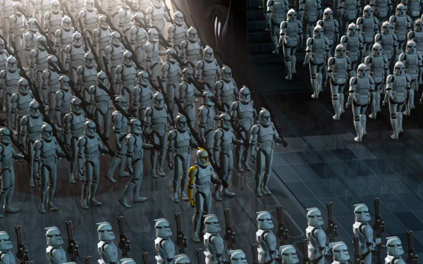 An army of clone troopers stands in formation, showcasing their iconic armor from Star Wars Episode II: Attack of the Clones, set against a dramatic backdrop.
