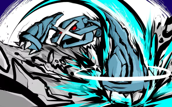 HD desktop wallpaper featuring the Pokémon Metagross in a dynamic action pose with a swirling blue background.