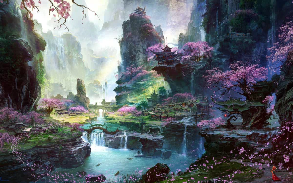 HD desktop wallpaper of a fantasy oriental village landscape with a waterfall, cherry blossom trees, and falling petals.