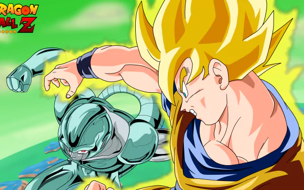 Dynamic HD wallpaper featuring Goku in Super Saiyan form battling a fierce opponent from Dragon Ball Z, capturing the essence of anime action and energy.