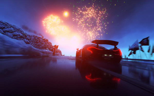 A McLaren P1 speeds through a snowy landscape, illuminated by vibrant fireworks in Driveclub. This HD wallpaper captures the thrill of racing in a stunning winter setting.