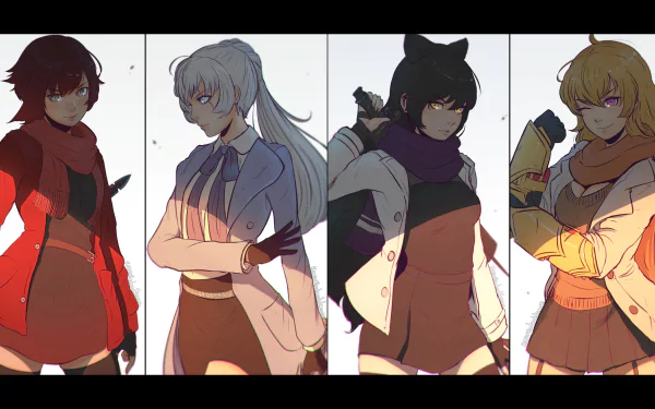 A high-definition desktop wallpaper featuring the main characters of RWBY: Ruby Rose, Weiss Schnee, Blake Belladonna, and Yang Xiao Long, showcased in a dynamic pose against a stylized background.