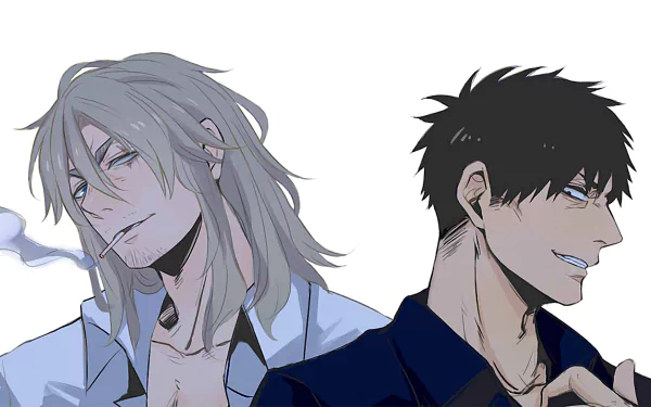 HD wallpaper featuring two animated characters from Gangsta., with one smoking and the other smirking, set against a white background.