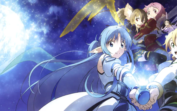 4K Ultra HD anime wallpaper featuring Lisbeth, Silica, Leafa, and Asuna Yuuki from Sword Art Online II against a starry night sky background.