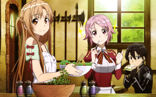 A vibrant HD wallpaper featuring Kirito, Asuna, and Lisbeth from Sword Art Online, enjoying a meal together in a cozy setting filled with medieval decor.