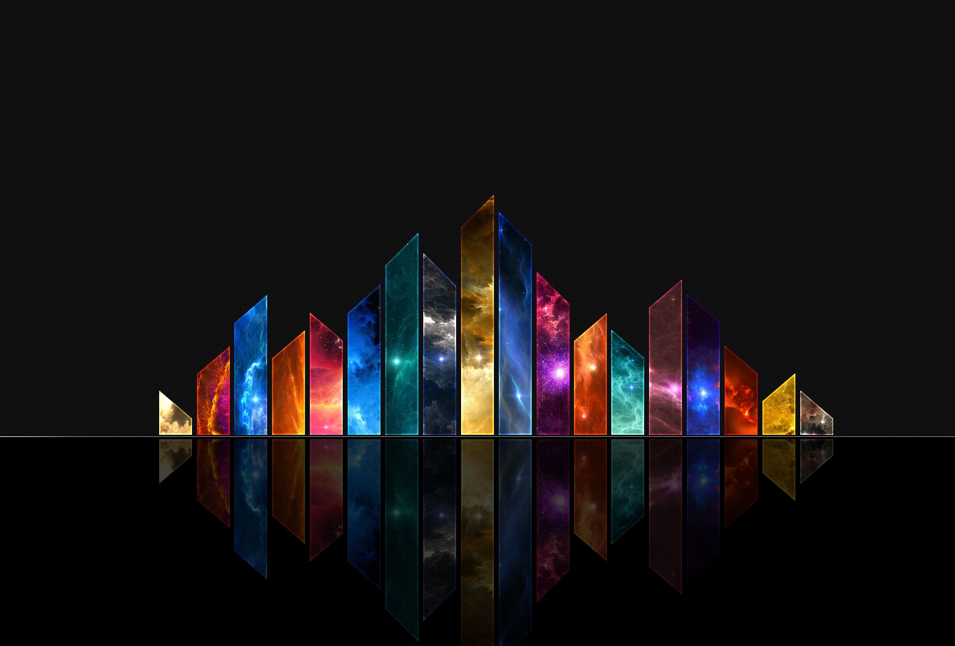 HD desktop wallpaper featuring an artistic representation of colorful, staggered geometric shapes with starry universe patterns against a black background.