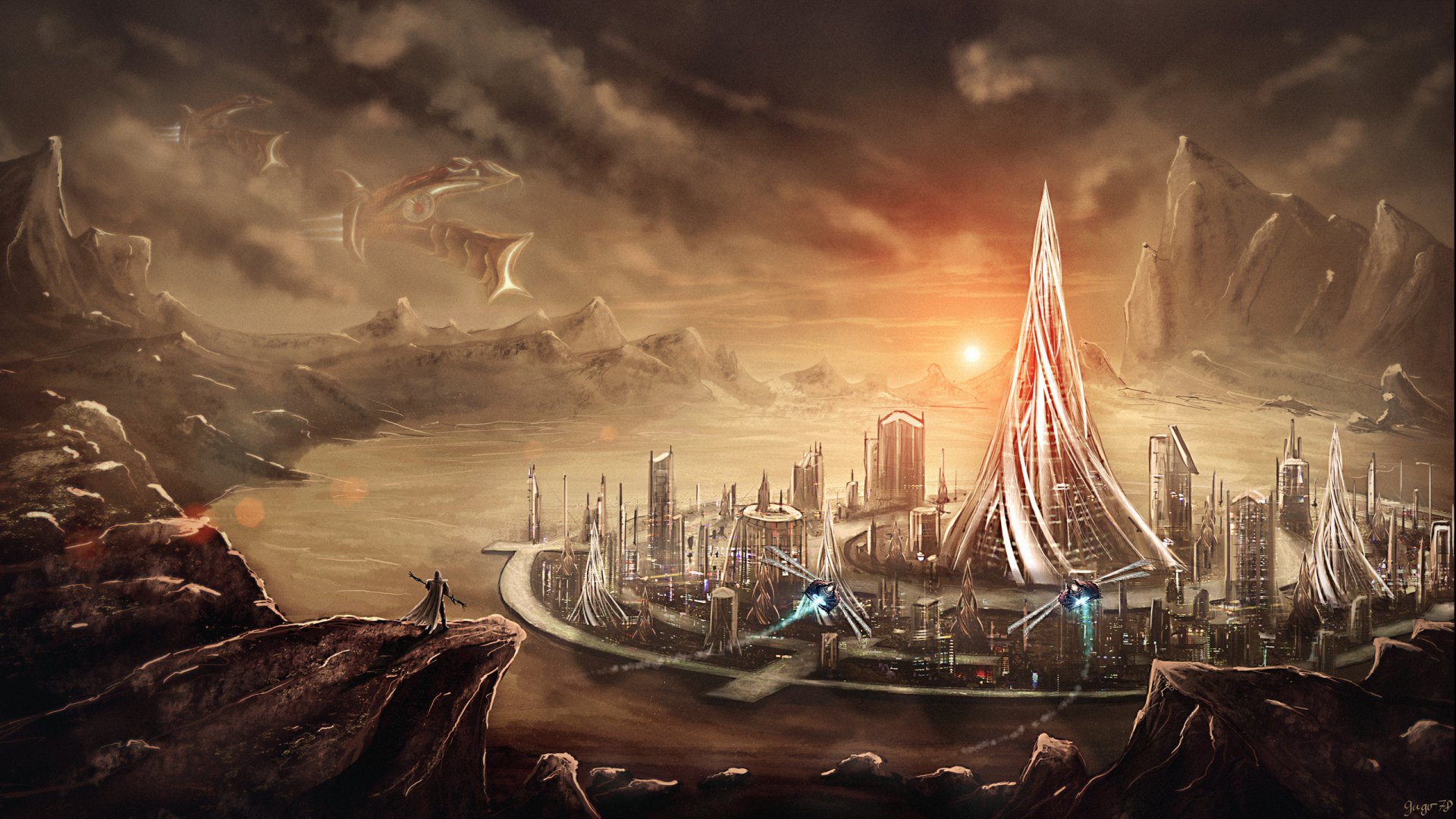 Download Sunset Spaceship Landscape Sci Fi City Sci Fi City HD ...