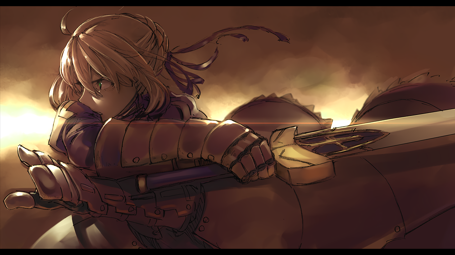 HD wallpaper featuring Saber from the Fate series, showcasing her determined expression and iconic sword against a dramatic background. Anime-inspired art captures the essence of Fate/Stay Night.