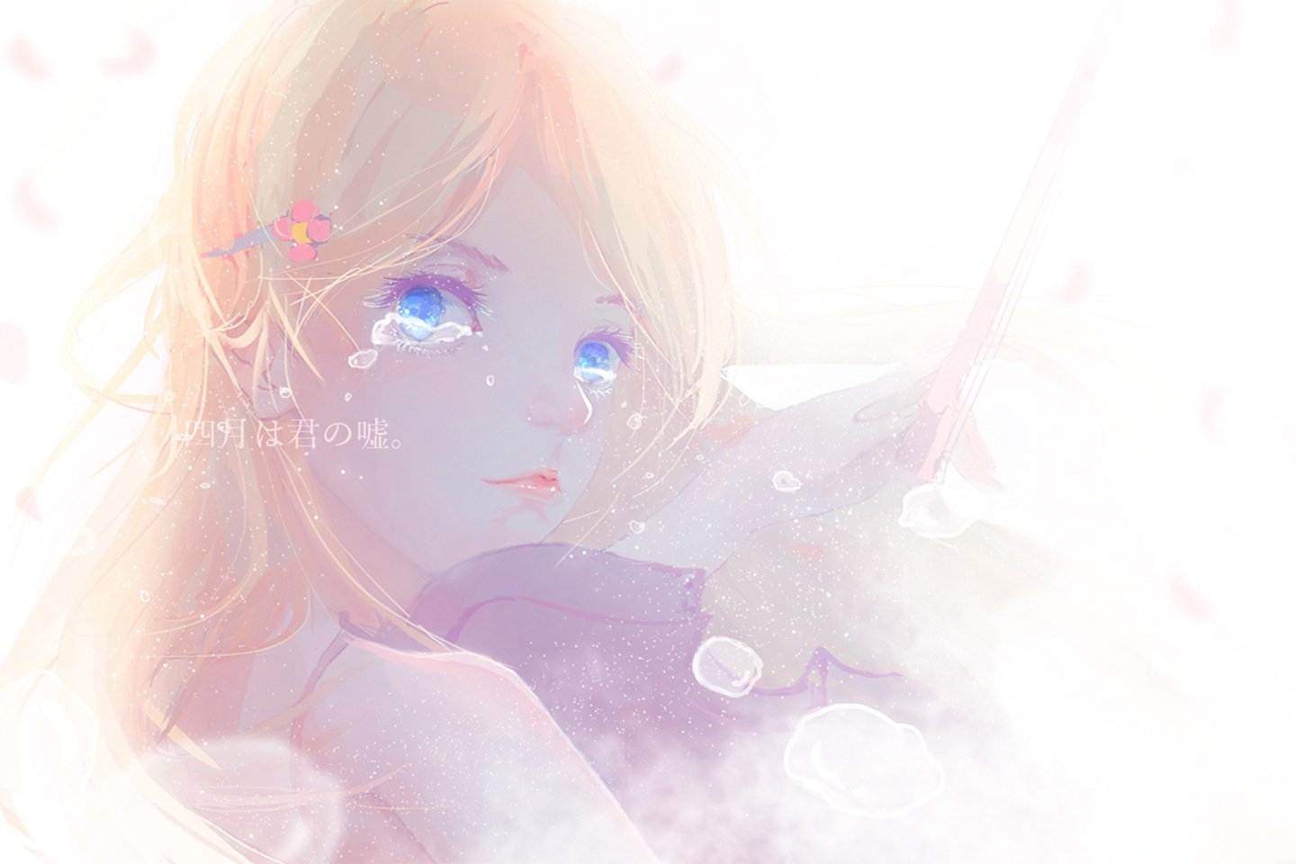 A beautiful HD wallpaper featuring Kaori Miyazono from the anime Your Lie in April, showcasing her expressive blue eyes and a soft, ethereal background.
