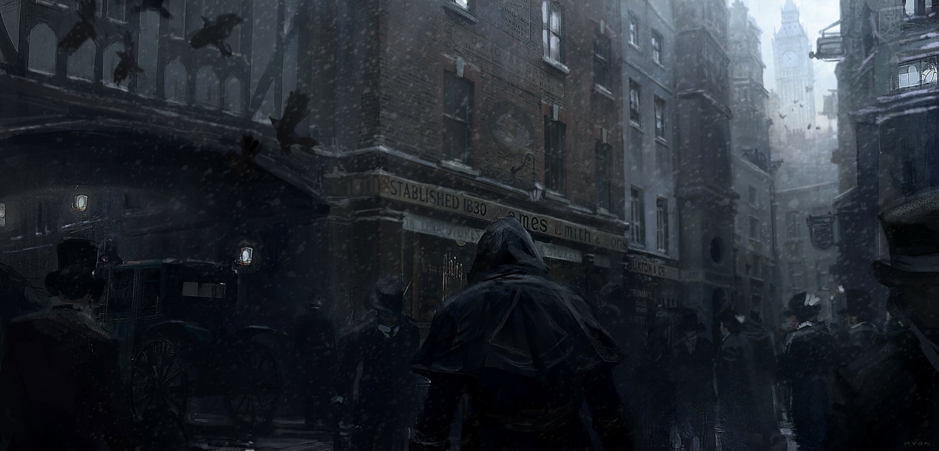 HD PC desktop wallpaper featuring a dark, foggy London street scene from Assassin's Creed: Syndicate, with a hooded figure evoking Jack the Ripper.