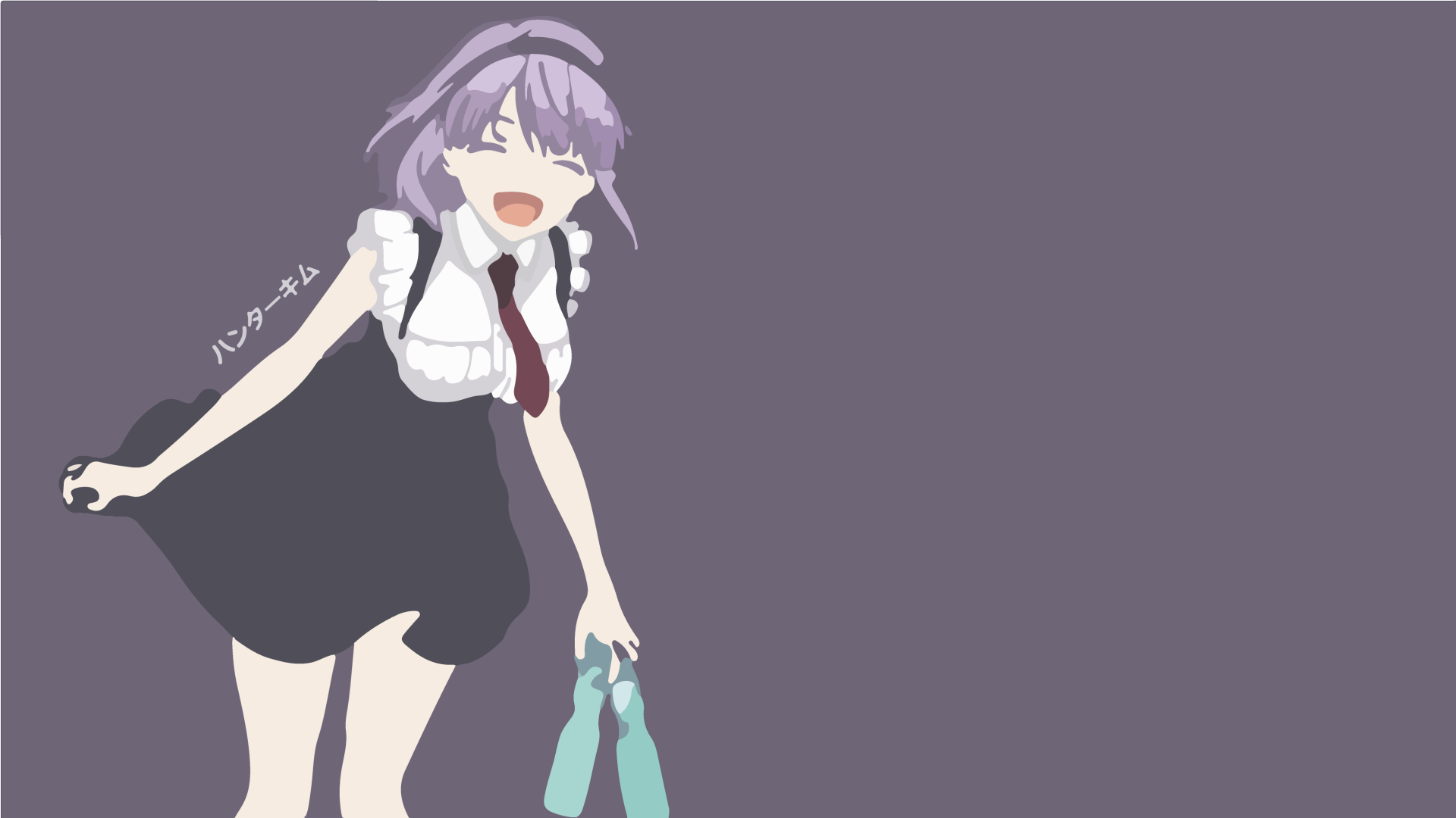 Minimalist 4K Ultra HD anime wallpaper of Shidare Hotaru from Dagashi Kashi, featuring her purple hair, smile, tie, headband, skirt, and holding a bottle against a solid background.