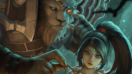 A stunning HD wallpaper featuring Nidalee and Rengar from League of Legends, highlighting the dynamic between the two characters in a captivating fantasy setting.