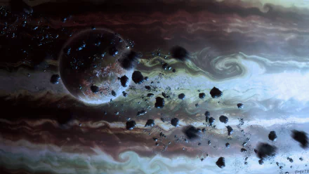 An otherworldly scene featuring a moon orbiting Jupiter amidst swirling clouds and asteroid fragments, capturing the essence of sci-fi aesthetics in stunning HD detail.