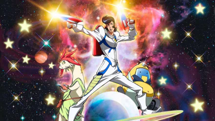 Space Dandy character with a weapon, riding a surfboard in space, HD desktop wallpaper and background.