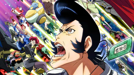 HD desktop wallpaper featuring an animated character from Space Dandy with a vibrant cosmic background and ensemble of characters.