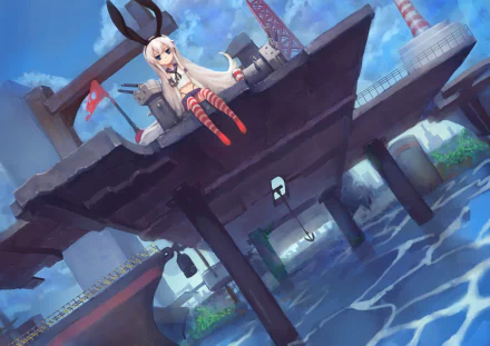 HD anime desktop wallpaper featuring Shimakaze from Kantai Collection with white long hair, blue eyes, animal ears, and striped pantyhose sitting on a pier with Rensouhou-chan.