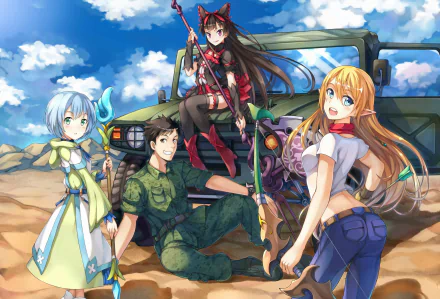 HD anime wallpaper featuring characters from Gate with a military vehicle in a desert setting, under a sky filled with clouds.