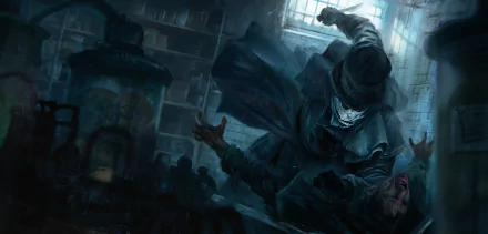 2K Quad HD PC desktop wallpaper: Assassin's Creed: Syndicate — Jack the Ripper in a top hat and cloak looming over a fallen victim in a dim, foggy Victorian room.