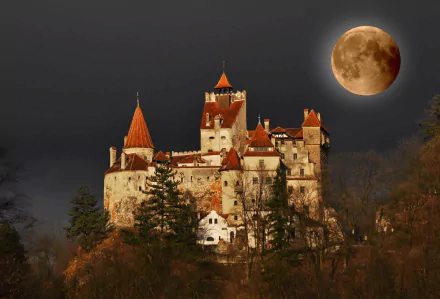 Bran Castle in Romania stands illuminated under a dark night sky with a full moon glowing nearby, creating a striking HD desktop wallpaper.