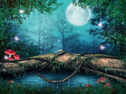 A mystical forest scene featuring a full moon, vibrant mushrooms, a log, and glowing butterflies, creating a fantasy atmosphere in rich 4K Ultra HD detail.