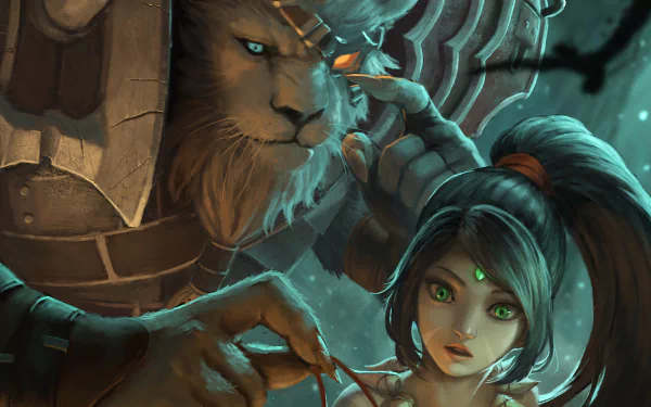 A stunning HD wallpaper featuring Nidalee and Rengar from League of Legends, highlighting the dynamic between the two characters in a captivating fantasy setting.