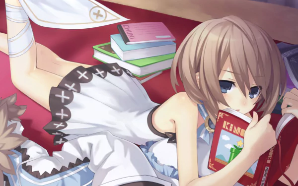 Blanc from Hyperdimension Neptunia Victory relaxes in a white dress, reading a book with blue eyes and short brown hair, surrounded by stacks of books. HD desktop wallpaper.