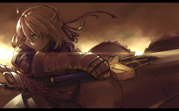 HD wallpaper featuring Saber from the Fate series, showcasing her determined expression and iconic sword against a dramatic background. Anime-inspired art captures the essence of Fate/Stay Night.