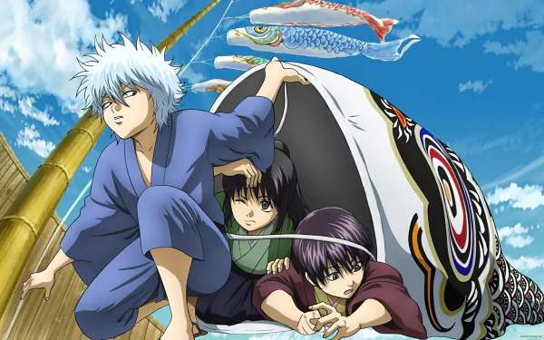 HD desktop wallpaper of Gintama characters sitting together under a traditional Japanese decoration with a blue sky background.