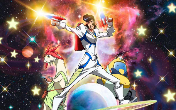 Space Dandy character with a weapon, riding a surfboard in space, HD desktop wallpaper and background.