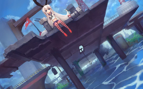 HD anime desktop wallpaper featuring Shimakaze from Kantai Collection with white long hair, blue eyes, animal ears, and striped pantyhose sitting on a pier with Rensouhou-chan.