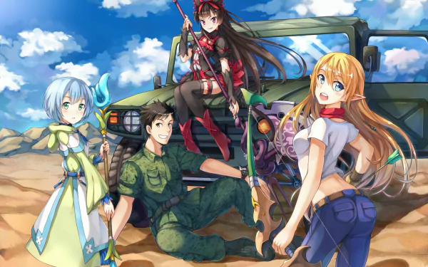 HD anime wallpaper featuring characters from Gate with a military vehicle in a desert setting, under a sky filled with clouds.