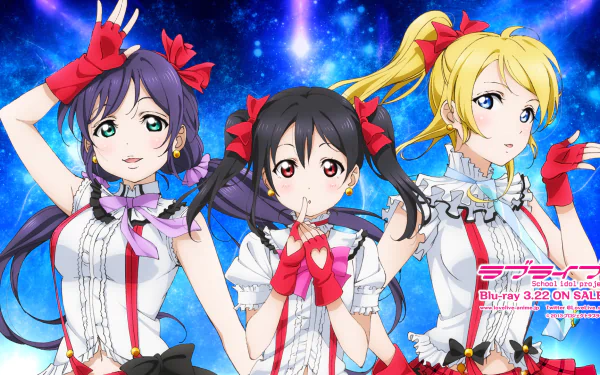 Three characters from Love Live! pose together against a cosmic background. Nico Yazawa has purple hair, Eri Ayase has blonde hair, and Nozomi Tojo features black hair, each displaying vibrant expressions.