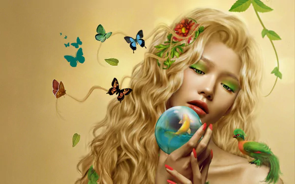 HD desktop wallpaper of a fantasy goddess with flowing blonde hair, surrounded by colorful butterflies, flowers, and a small green bird, blending nature and ethereal beauty.