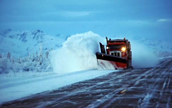 Snowplow clearing a snowy winter road against a backdrop of snow-covered mountains, captured in HD for a striking desktop wallpaper and background.