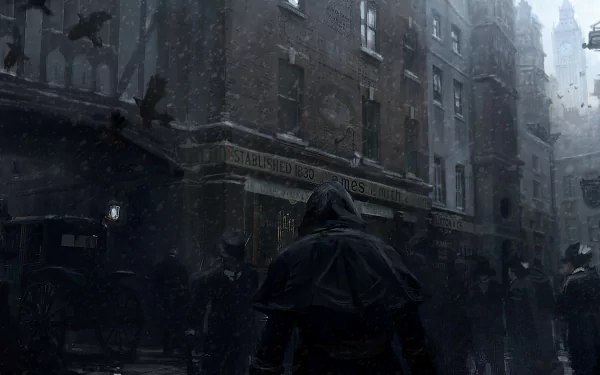 HD PC desktop wallpaper featuring a dark, foggy London street scene from Assassin's Creed: Syndicate, with a hooded figure evoking Jack the Ripper.