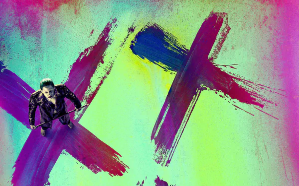 HD desktop wallpaper featuring the Joker from the movie Suicide Squad, set against a vibrant background with colorful brushstroke X marks.