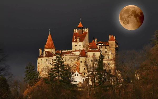 Bran Castle in Romania stands illuminated under a dark night sky with a full moon glowing nearby, creating a striking HD desktop wallpaper.